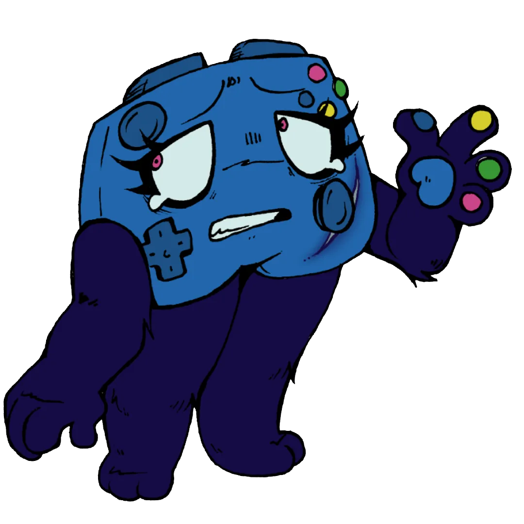 Controller, a blue video game controller with dark blue limbs and multicolored paw pads. She has pink eyes, darker colored face and shoulder buttons, as well as darker colored joysticks, and a lighter colored scar on her left hip. Her four action buttons are blue, red, green, and pink.