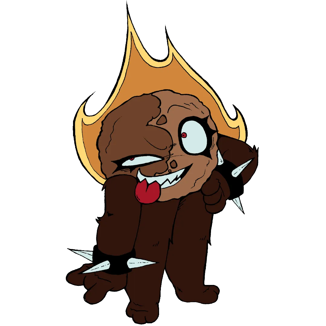 Fireball, a round meteor lit on fire. She has dark brown limbs, orange paw pads, sharp teeth, and red eyes. She also has a patch of darker colored rock on her right eye and is wearing two spiked wrist cuffs, one on each wrist.