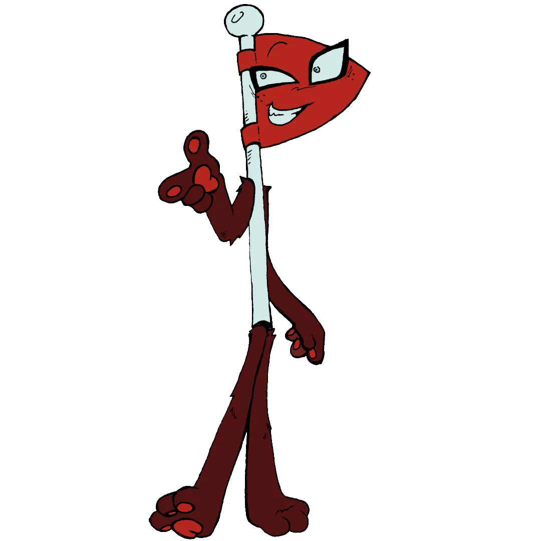 Flaggy, a tall triangular red flag on a white plastic pole. He has dark red limbs, red paw pads, freckles on his cheeks, and light blue eyes.