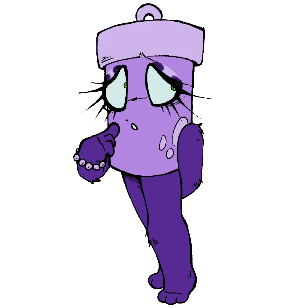 Glowy, a lavender glowstick with a lighter colored cap. She is wearing eyeshadow and has a beauty mark above her upper lip. She has violet limbs and lavender paw pads, and is wearing a pearl bracelet on her right wrist. Although not seen in the image, she also has braces on her teeth.