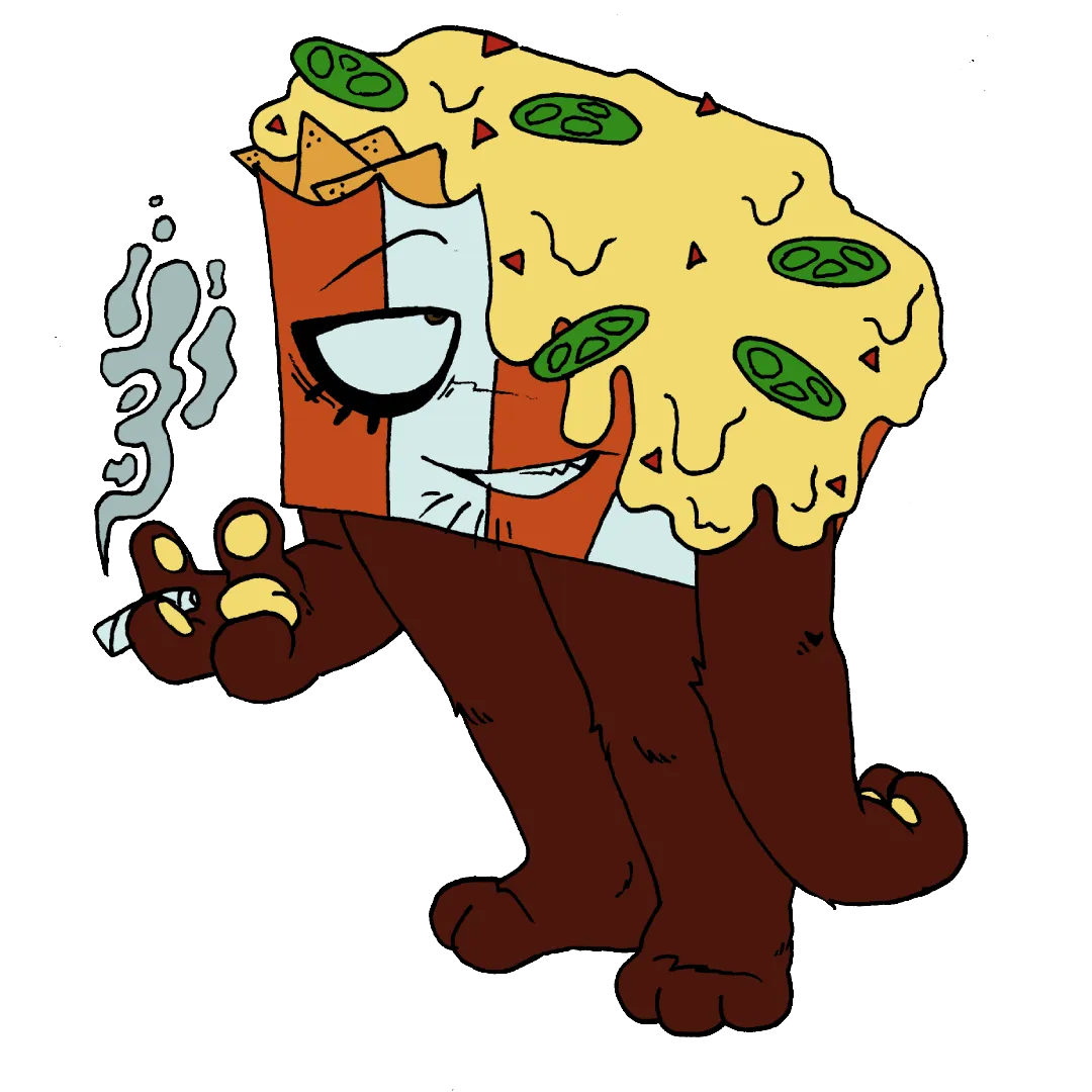 Nachos, a white and orange striped paper bowl of nachos. He is covered in cheese sauce, which is dripping down and covering one of his eyes, and is also topped with slices of jalapeño and tomato. He has brown limbs, yellow paw pads, brown eyes, and a few whispy beard hairs on his chin.