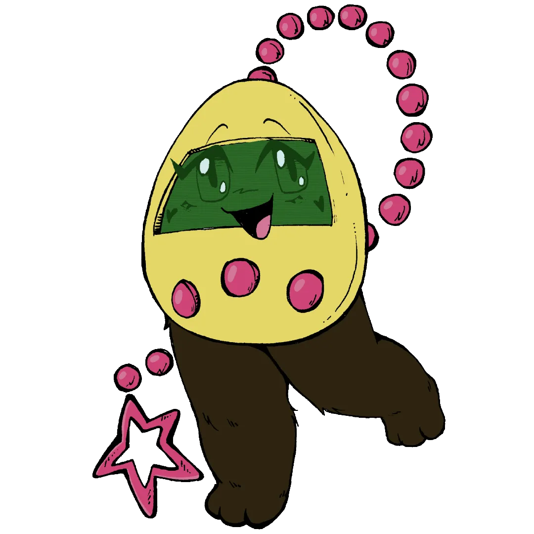 Tamagotchi, a yellow Tamagotchi virtual pet system with a pink keychain, the clip being shaped like a star. She does not have arms. She has dark yellow legs, yellow paw pads, and a green screen with darker green anime-styled eyes and hearts on her cheeks.