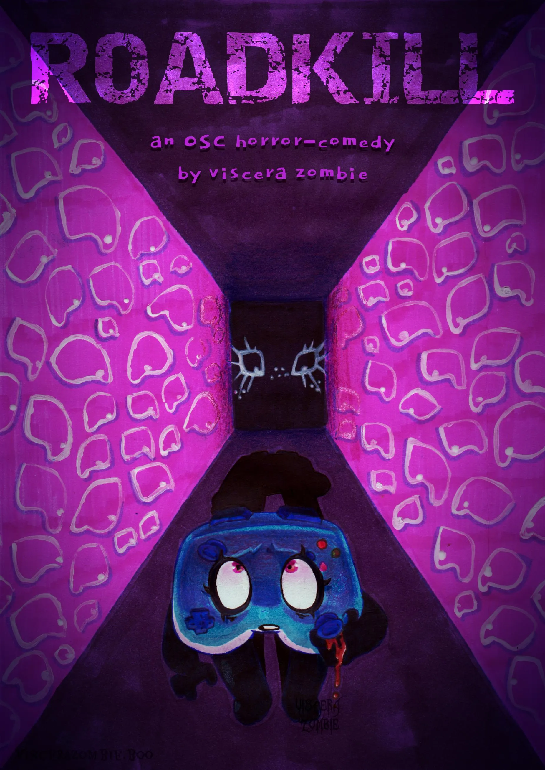 'Roadkill: An OSC Horror-Comedy by Viscera Zombie.' Controller, who appears to be terrified, clutching a bleeding wound on her side. She is standing in a purple hallway while surrounded by eyes that are all staring at her. At the end of the hallway are Tissue Box's eyes, the rest of her face obscured by shadow.