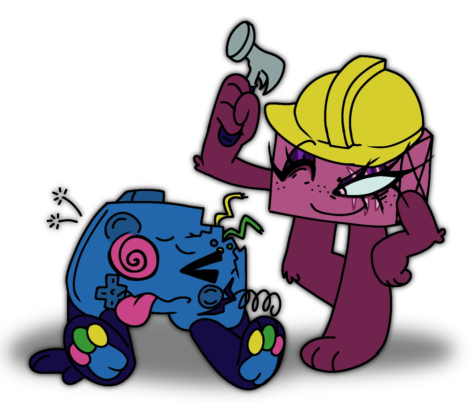 Controller sits on the floor, broken with sparks flying and wires and springs poking out of her body. Tissue Box stands above her wearing a hard hat and holding a hammer.