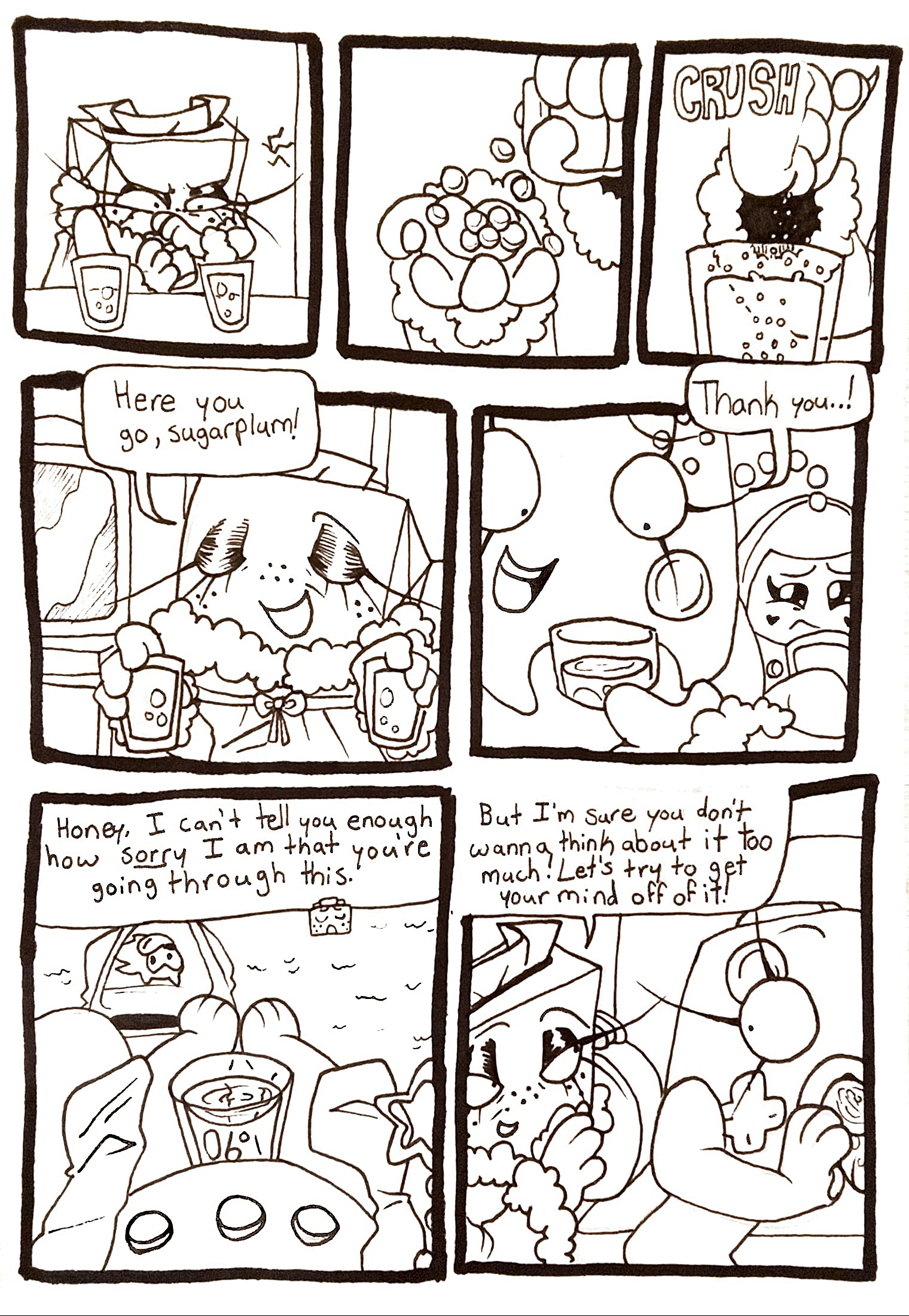 Page fourty-one. Panel one, TB struggles to open the bottle of sleeping pills. Panel two, TB pours a large amount of pills into the palm of her hand. Panel three, she crushes the pills into one of the cups. Panel four, TB enters the living room with the cups of tea. She says, 'Here you go, sugarplum!' Panel five, Controller and Tama grabs the cups from TB. Controller says, 'Thank you..!' Tama stares at the glass skeptically. Panel six, Tama is still looking down at the cup, not drinking it. TB says, 'Honey, I can't tell you enough how sorry I am that you're going through this.' Panel seven, Controller takes a sip from the glass. TB says, 'But I'm sure you don't wanna think about it too much! Let's try to get your mind off of it!'