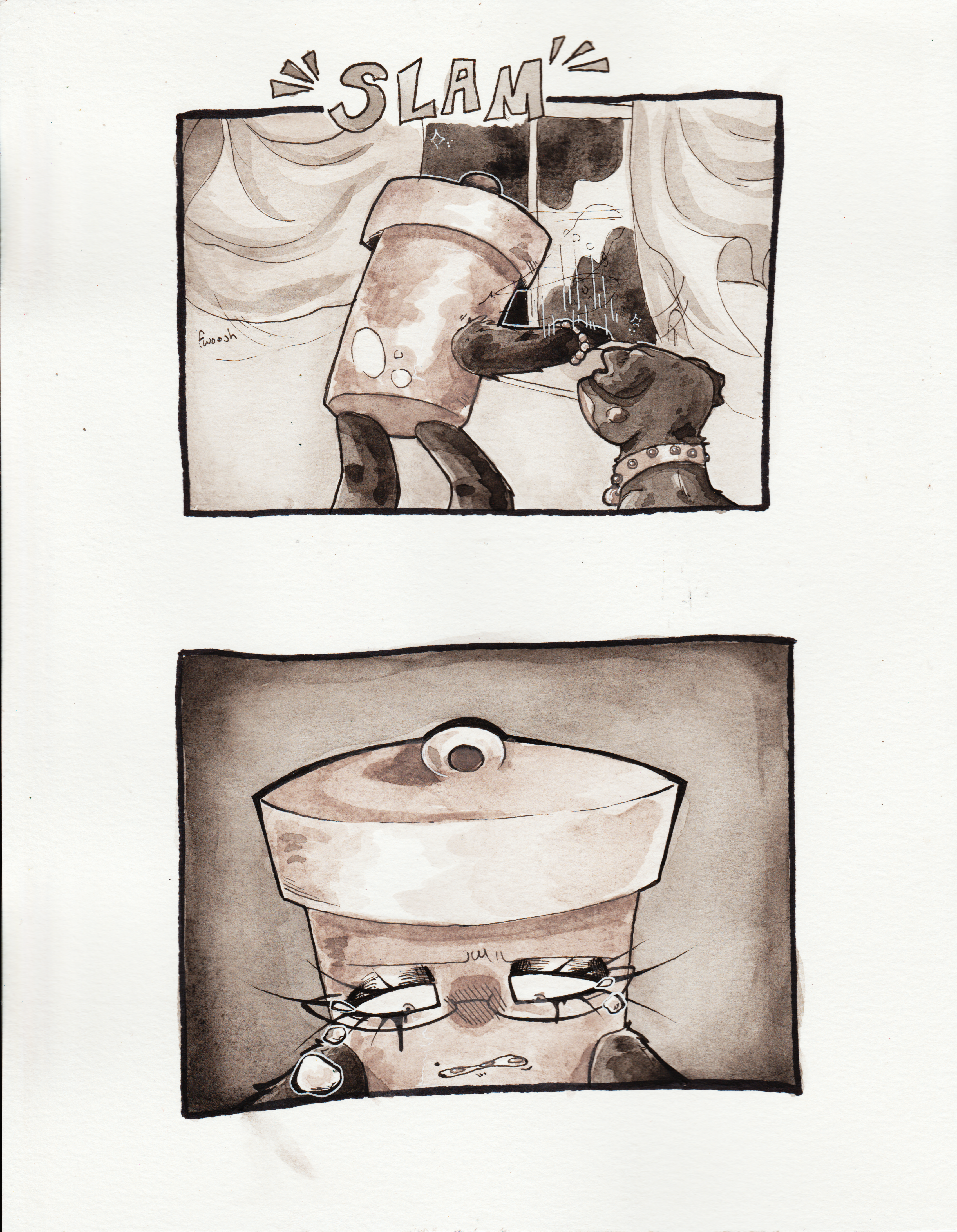 Panel one, Glowy slams the window shut while Precious watches from behind. The curtains fly into the air from the impact. Panel two, Glowy cries while staring at the floor, appearing regretful of what she said.