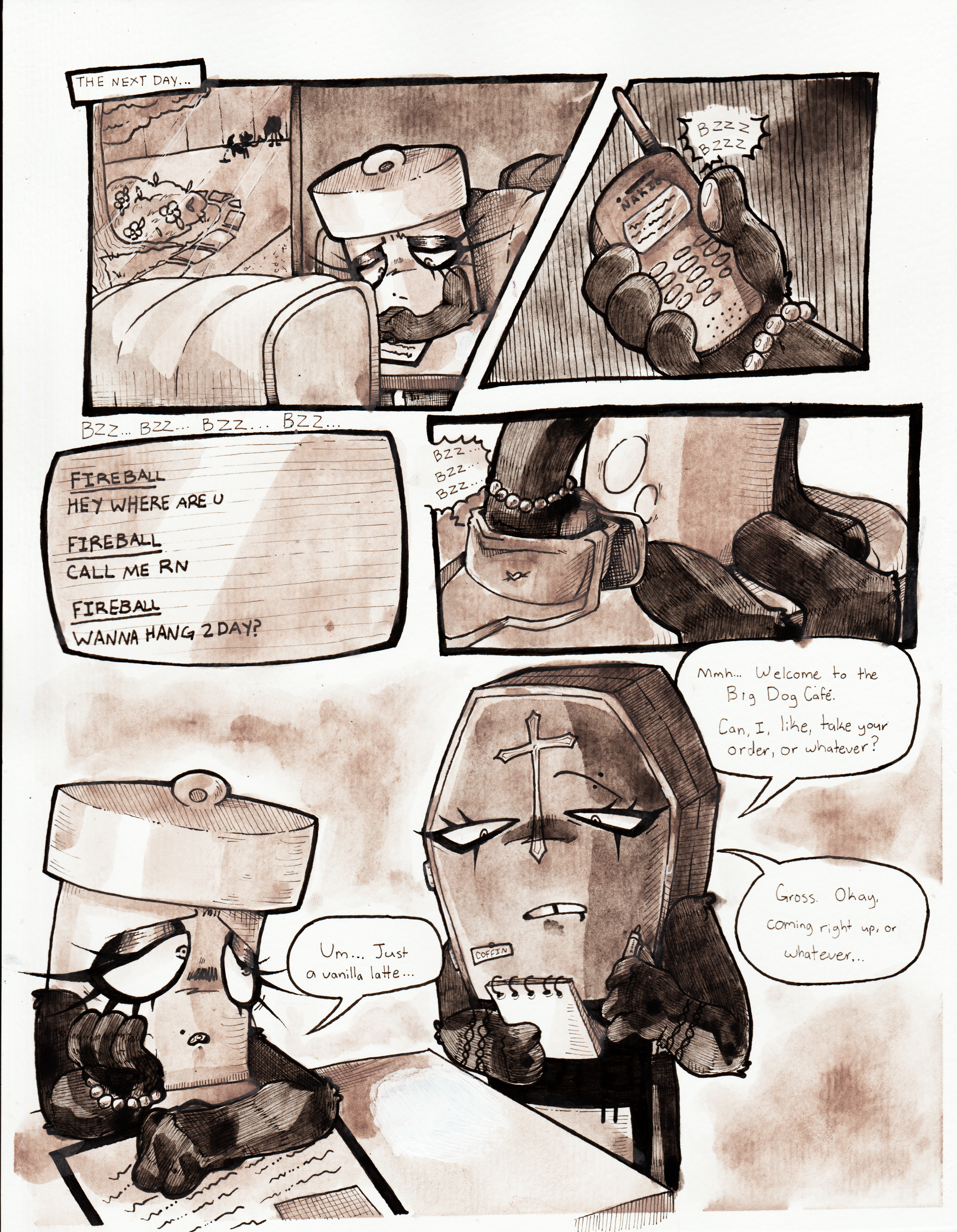 Panel one, the next day, Glowy sits alone at a diner booth silently staring down at a menu. Panel two, Glowy starts getting several notifications on her phone. Panel three shows Glowy's phone screen, where Fireball is repeatedly texting her. The texts read, 'Hey where are you', 