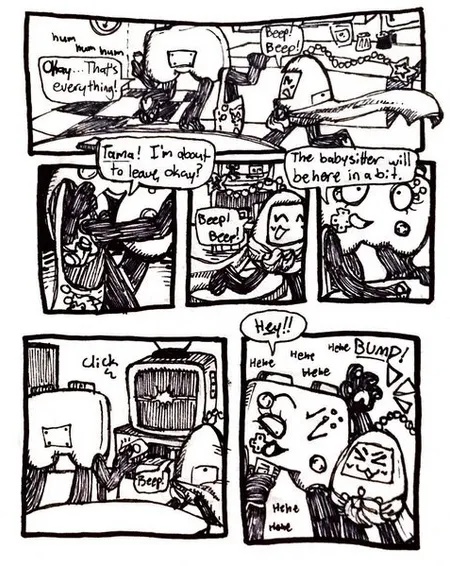 Page ten. Panel one, Controller is leaning over the kitchen counter while Tamagotchi runs around the room, wearing a blanket as a cape. Controller hums and says, 'Okay... That's everything!' while Tama beeps happily. Panel two, Controller drops an inhaler into her tote bag and exclaims, 'Tama! I'm about to leave, okay?' Panel three, Tama is still running and beeping. Panel four, Controller picks up a TV remote and continues, 'The babysitter will be here in a bit.' Panel five, Controller turns off the TV and Tama runs towards her. Panel six, Tama bumps into Controller, who shouts, 'Hey!!' The two start giggling.