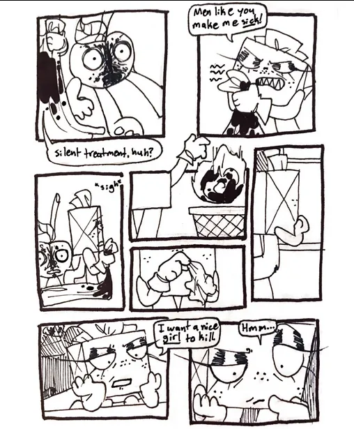 Page seventeen. Panel one, TB is still talking to Cherry's body and asks, 'Silent treatment, huh?' Panel two, TB angrily grips the blanket with a scowl. 'Men like you make me sick!' Panel three, TB sighs and walks away. Panel four, TB tosses the dirty sheet into a laundry basket. Panel five, she removes her gloves. Panel six, she leans against her windowsill. Panel seven, while looking out the window, TB wishes, 'I want a nice girl to kill.' Panel eight, she gets a contemplative look on her face.