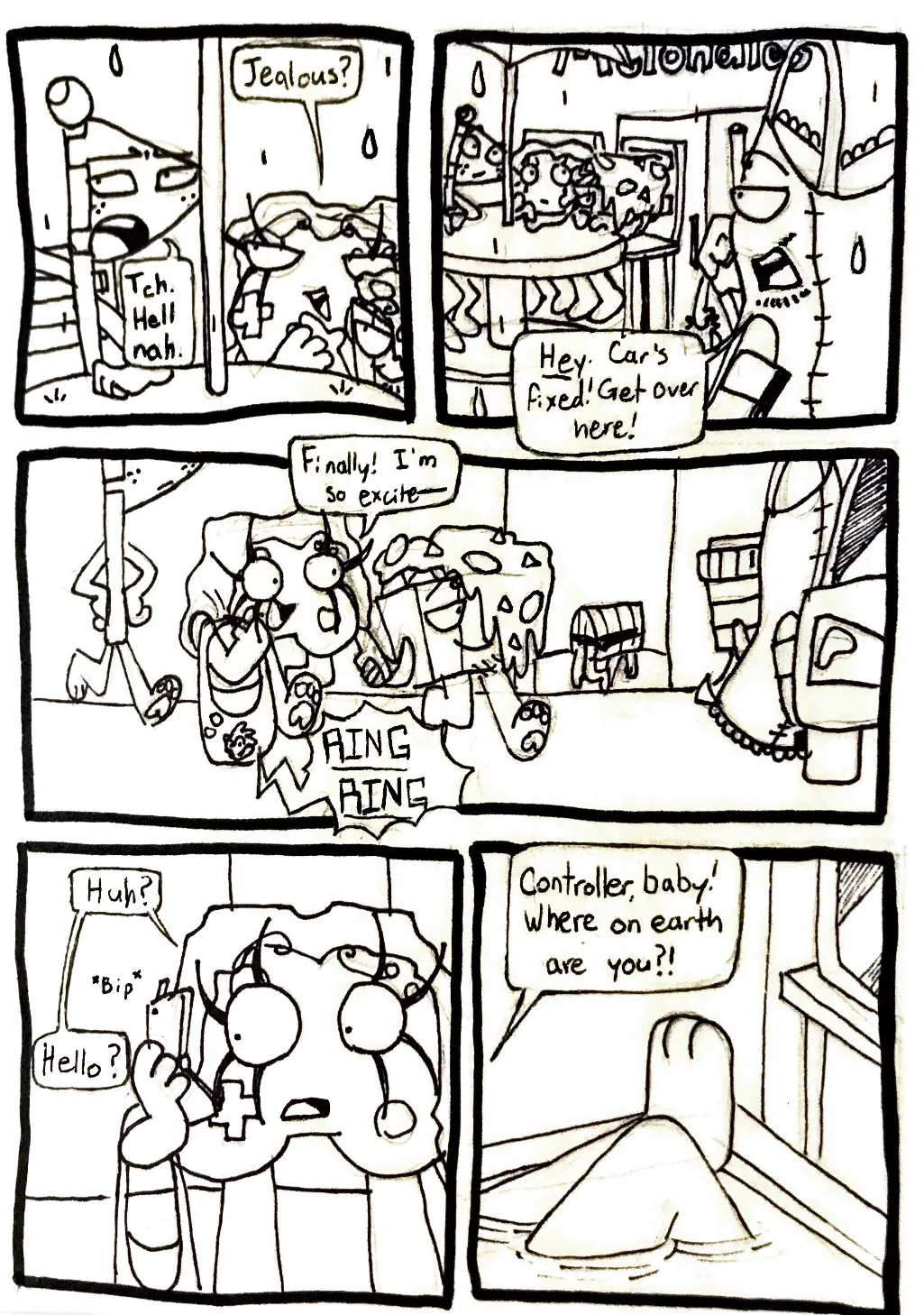 Page twenty-nine. Panel one, Controller looks at Flaggy with a sassy expression and says, 'Jealous?' Flaggy says, 'Tch. Hell nah.' Panel two, Tank Top shouts at the three from across the street, 'Hey. Car's fixed! Get over here!' Panel three, Nachos and Controller hold hands while walking to the van, and Flaggy trails behind them. Controller says, 'Finally! I'm so excited-' She's cut off by the sound of her phone ringing. Panel four, Controller grabs her phone from out of her bag and answers it. 'Huh? Hello?' Panel five, an unknown character, sitting inside a bathtub, responds, 'Controller, baby! Where on earth are you?!'