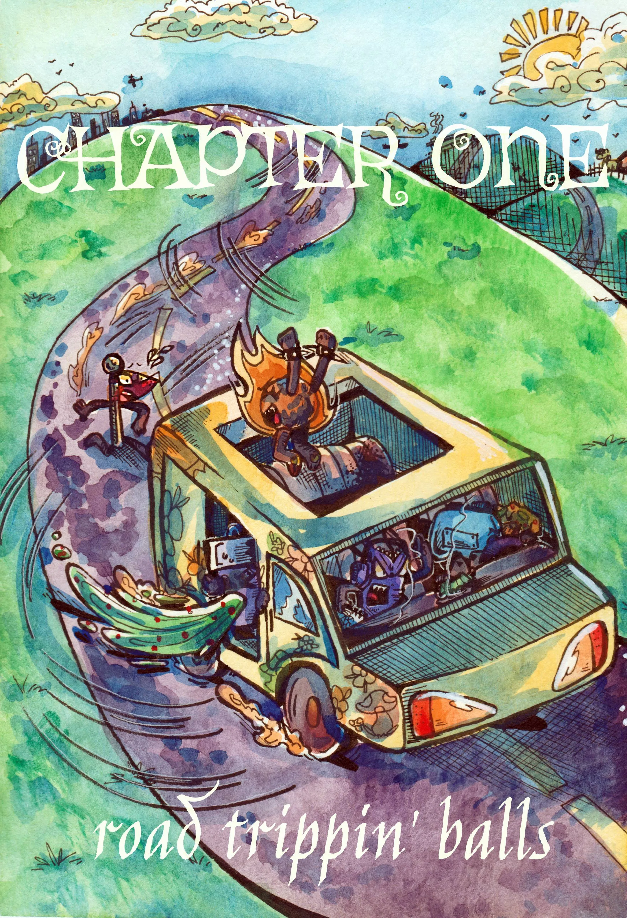 Chapter 1: Road Tripping Balls. The Roadkill gang driving Nachos's van down a winding road along a series of hills. It's a sunny day. Small buildings and animals can be seen in the distance, showing how far they've travelled. The van is swerving recklessly - In the driver's seat, Controller and Nachos are making out, neither of them paying attention to the road, causing them to swerve. Tank Top, in the front passenger's seat, flips them off while yelling at them. In the back, Glowy has opened the door to vomit, and Fireball is sitting on top of the back seat, sticking her head and arms up in the air out of the sunroof. Flaggy is running behind the van, desperately trying to catch up with it.