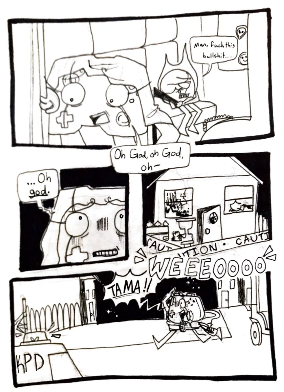 Page thirty-one. Panel one, Controller opens the van door with a terrified expression, repeating, 'Oh, God. Oh, God. Oh-' Fireball is in the background angirly muttering, 'Man, fuck this bullshit...' Panel two, Controller looks up and once again says, '...Oh God.' Panel three, we see Controller's house has been converted into a crime scene. The front of the house is sectioned off with caution tape. Two police officers are talking to each other outside. A third officer can be seen inside through a window investigating the scene. The door is open, and one of the windows is shattered and covered in blood. Police car sirens blare loudly. Panel four, Controller frantically runs from the van to her house, screaming, 'Tama!!'