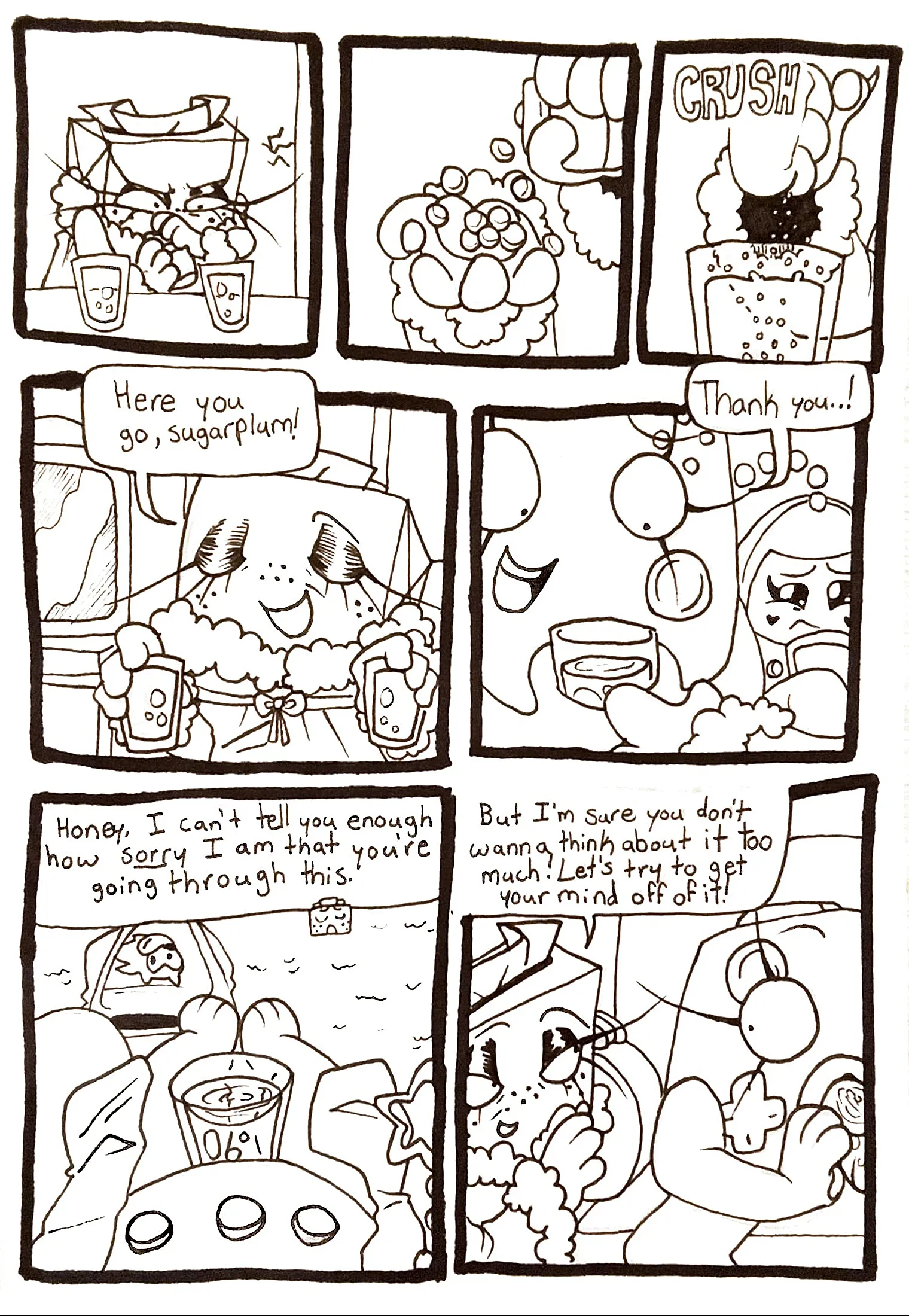 Page fourty-one. Panel one, TB struggles to open the bottle of sleeping pills. Panel two, TB pours a large amount of pills into the palm of her hand. Panel three, she crushes the pills into one of the cups. Panel four, TB enters the living room with the cups of tea. She says, 'Here you go, sugarplum!' Panel five, Controller and Tama grabs the cups from TB. Controller says, 'Thank you..!' Tama stares at the glass skeptically. Panel six, Tama is still looking down at the cup, not drinking it. TB says, 'Honey, I can't tell you enough how sorry I am that you're going through this.' Panel seven, Controller takes a sip from the glass. TB says, 'But I'm sure you don't wanna think about it too much! Let's try to get your mind off of it!'