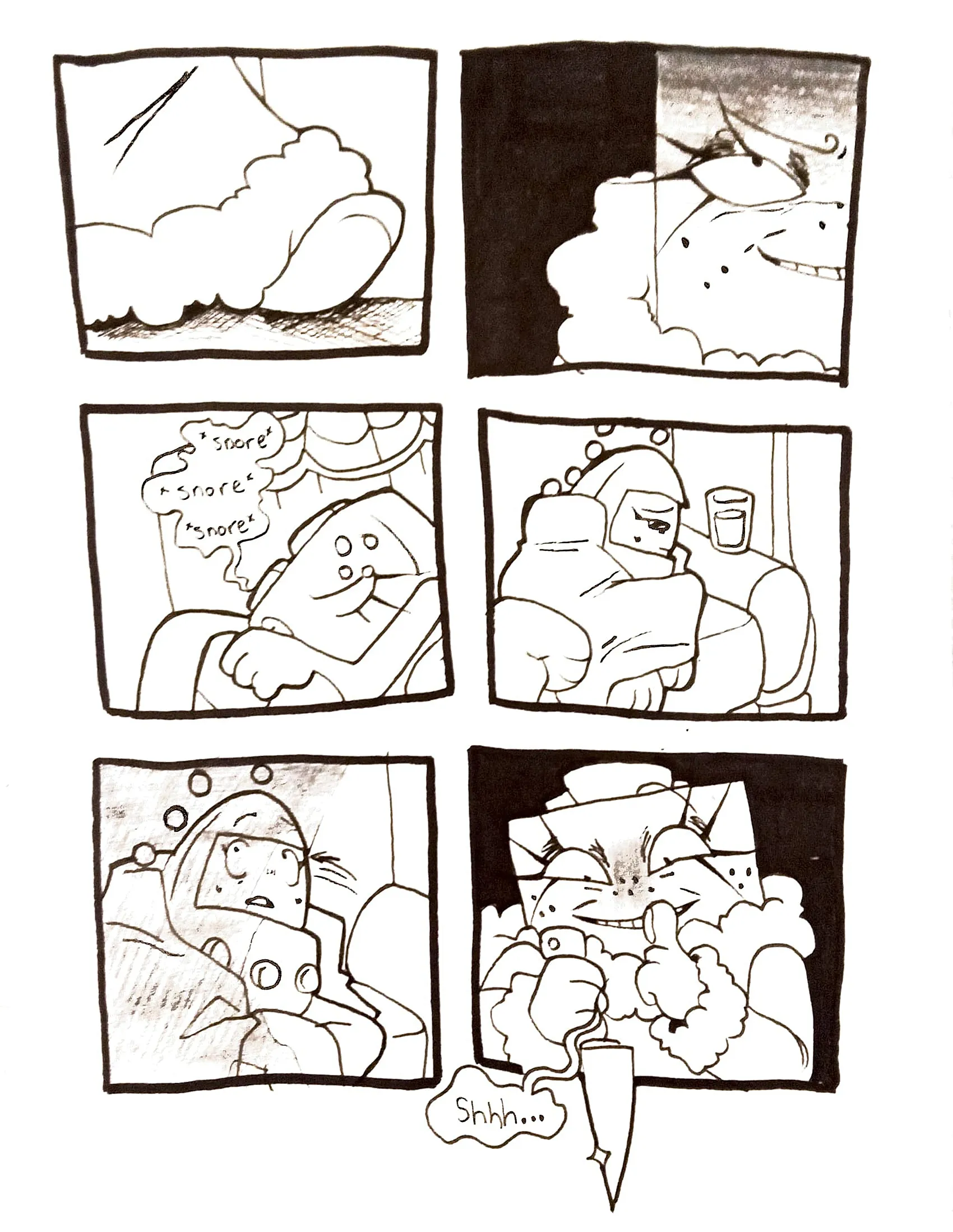 Page fourty-five. Panel one, TB slowly steps out of her room. Panel two, a close up of TB's face with a sinister grin. Panel three, Controller is fast asleep and snoring. Panel four, Tama is leaned against the other end of the couch with a sad expression. Panel five, Tama jolts up and looks in terror at TB looming above her. Panel six, TB shushes Tama, holding the knife up ready for attack.