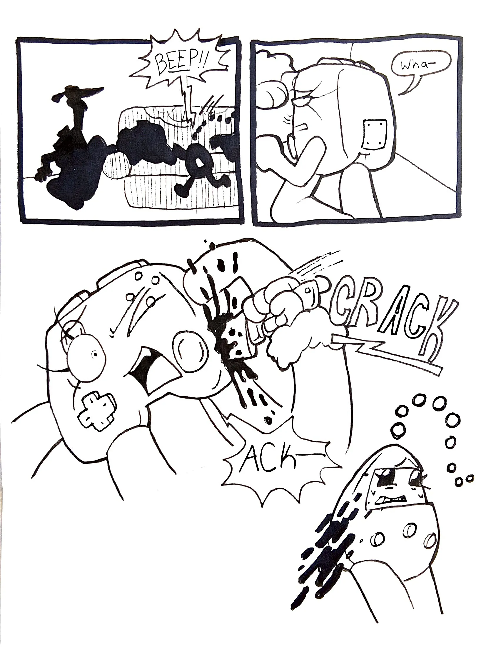 Page fourty-six. Panel one, in silhouette, TB props one of her feet up on the armrest of the couch and raises the knife in the air. Tama jumps off of the couch and runs closer to Controller, loudly screaming to wake her up. Panel two, Controller wakes up from the screaming and says, 'What-' Her dialogue is cut off. Panel three, Controller coughs as the knife plunges into her side, cracking her plastic shell/ Blood splatters and we see some of it splash onto Tama.