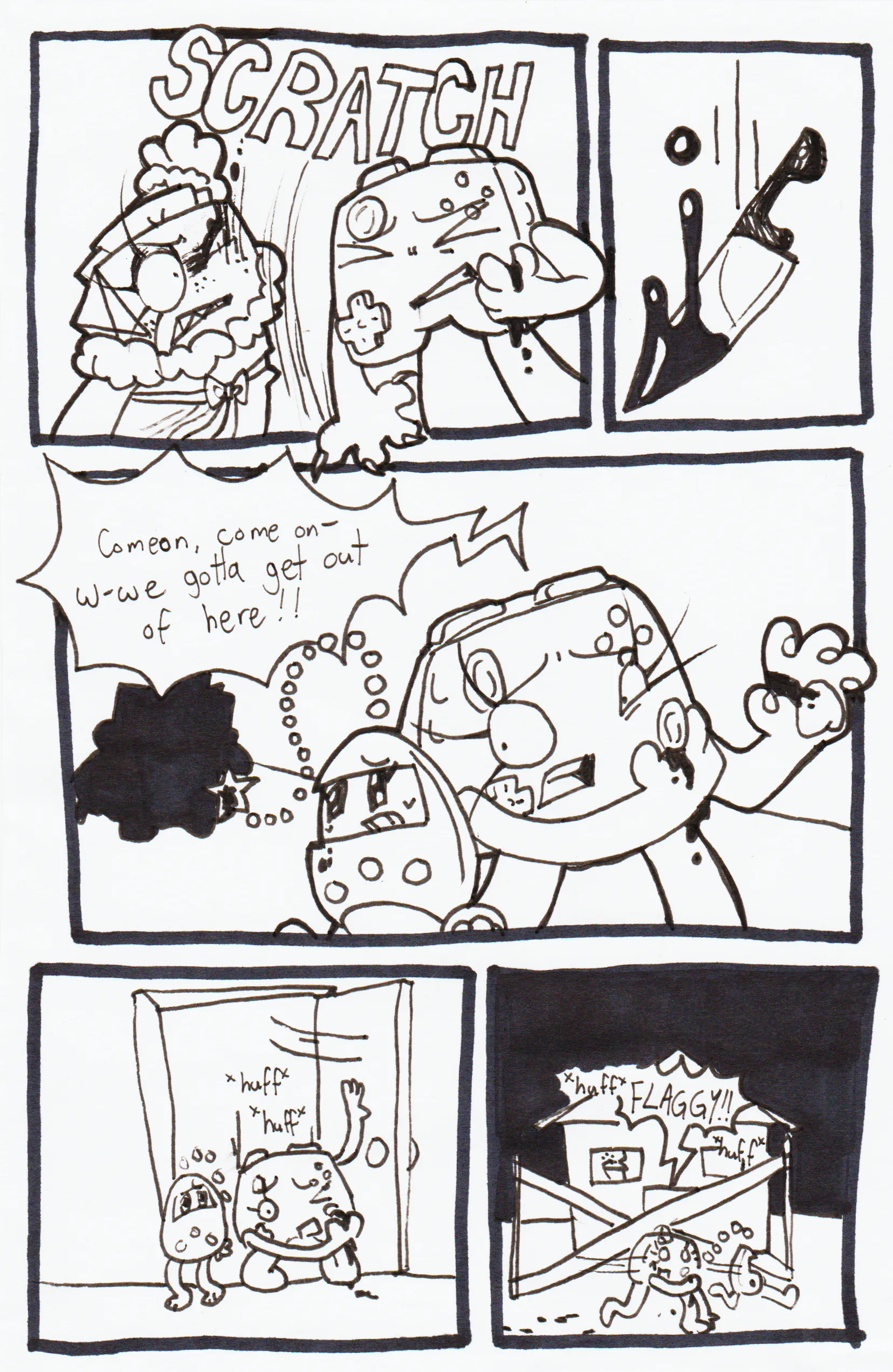 Page fourty-seven. Panels one and two, Controller, panicked, scratches TB in the eye, causing her to drop the knife. Panel three, Controller and Tama run away as TB is temporarily distracted. Panel four, the two girls open the front door. Controller drops to her knees and pants heavily. Panel five, the two run past Controller's house, still blocked by caution tape, as blood trails behind them. Still panting, Controller screams out, 'Flaggy!!'