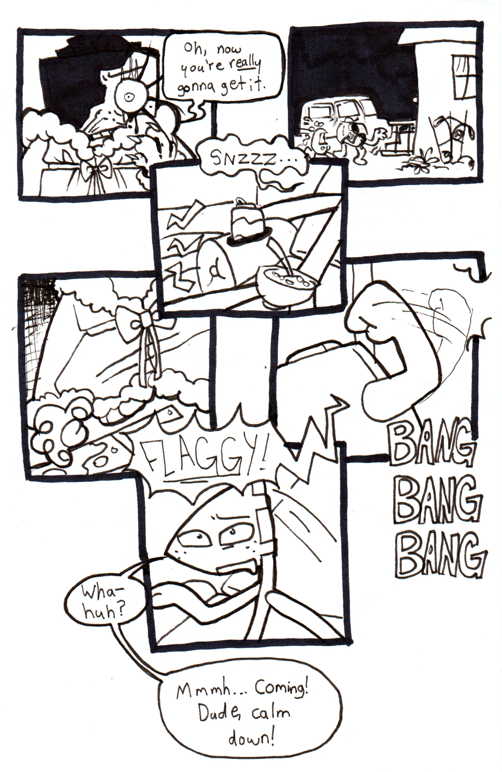 Page fourty-eight. The panels overlap showing the points of view of TB, Controller, and Flaggy simultaneously. Panel one, TB looks up with blood oozing down her face, furious. She says, 'Oh, now you're really gonna get it.' Panel two, Controller and Tama approach Flaggy's front door. Panel three, Flaggy snores as he sleeps in a recliner with a bowl of cereal in his legs and a can of beer in the cupholder. Panel four, TB squats down and reaches for the bloody knife on the floor. Panel five, Controller loudly bangs on the door to Flaggy's house, shouting again, 'Flaggy!' Panel six, Flaggy jolts awake, confused, saying, 'What- Huh?' He groans and continues, 'Coming! Dude, calm down!'