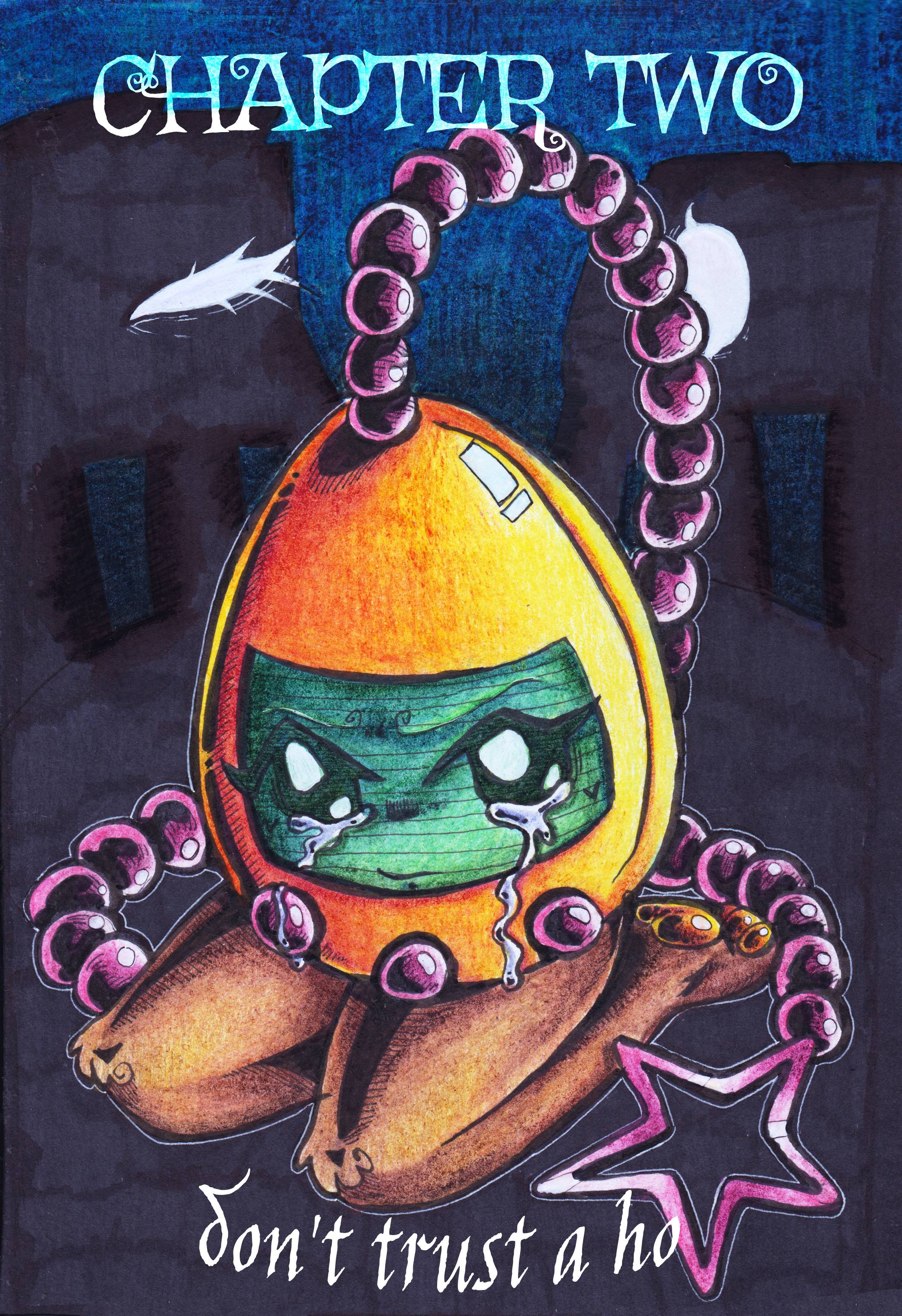 Chapter 2: Don't Trust A Ho. Tamagotchi kneeling on a black floor, crying while looking at the viewer, her expression a mix of angry, terrified, and sad. Behind her are the silhouettes of Tissue Box and Controller with blank white eyes.