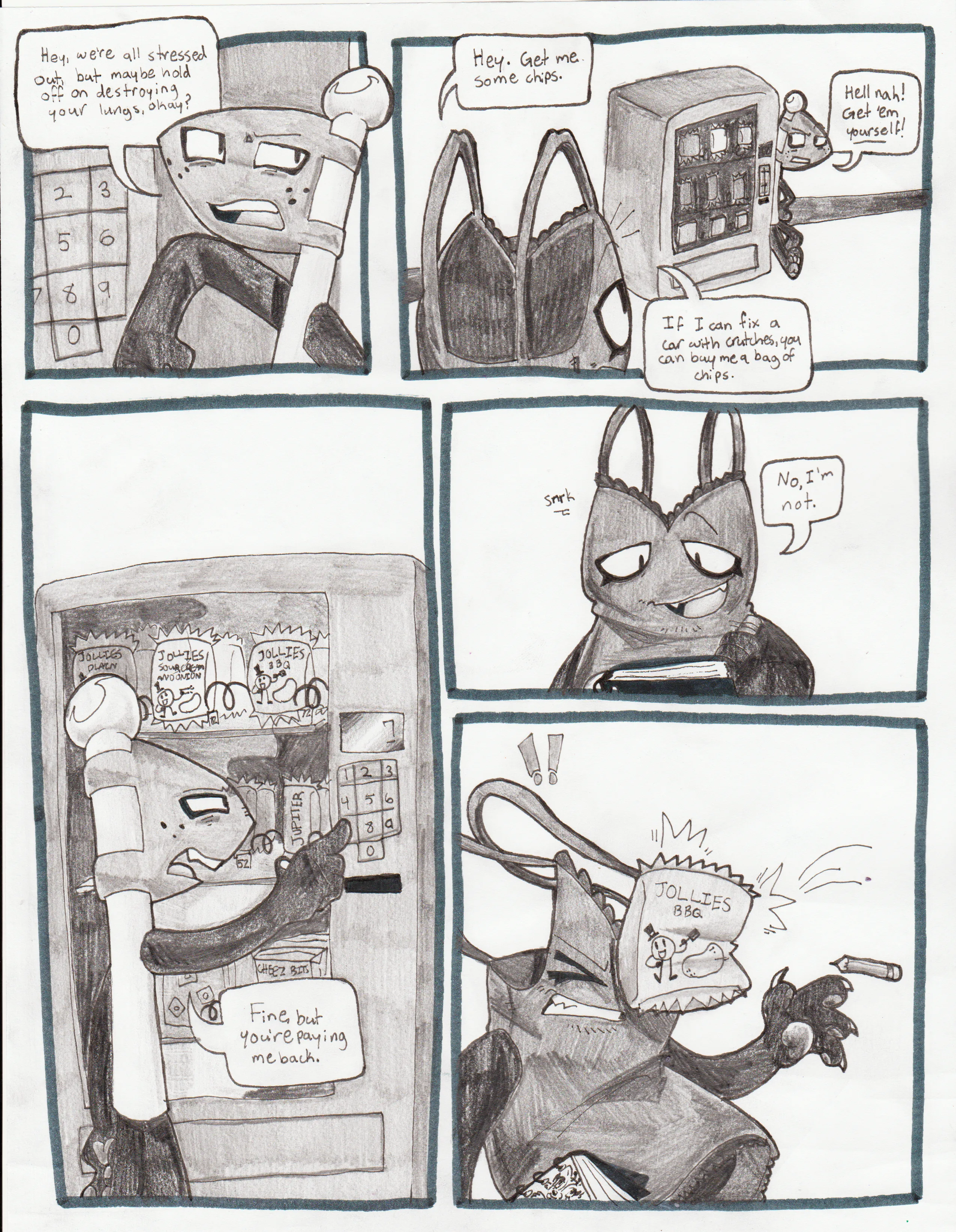 Page fifty-nine. Panel one, Flaggy chimes into the girls' conversation, remarking, 'Hey, we're all stressed out, but maybe hold off on destroying your lungs, okay?' Panel two, Tank Top also chimes in, demanding Flaggy, 'Hey. Get me some chips.' Flaggy replies, 'Hell nah! Get 'em yourself!' Tank Top says sarcastically, 'If I can fix a car with crutches, you can buy me a bag of chips.' Panel three, Flaggy reluctantly and annoyedly starts punching numbers into the vending machine. He says, 'Fine. But you're paying me back.' Panel four, Tank Top snickers and responds, 'No, I'm not.' Panel five, Flaggy throws the chips at Tank Top, hitting him in the face and knocking the sketchbook and pencil out of his hands.