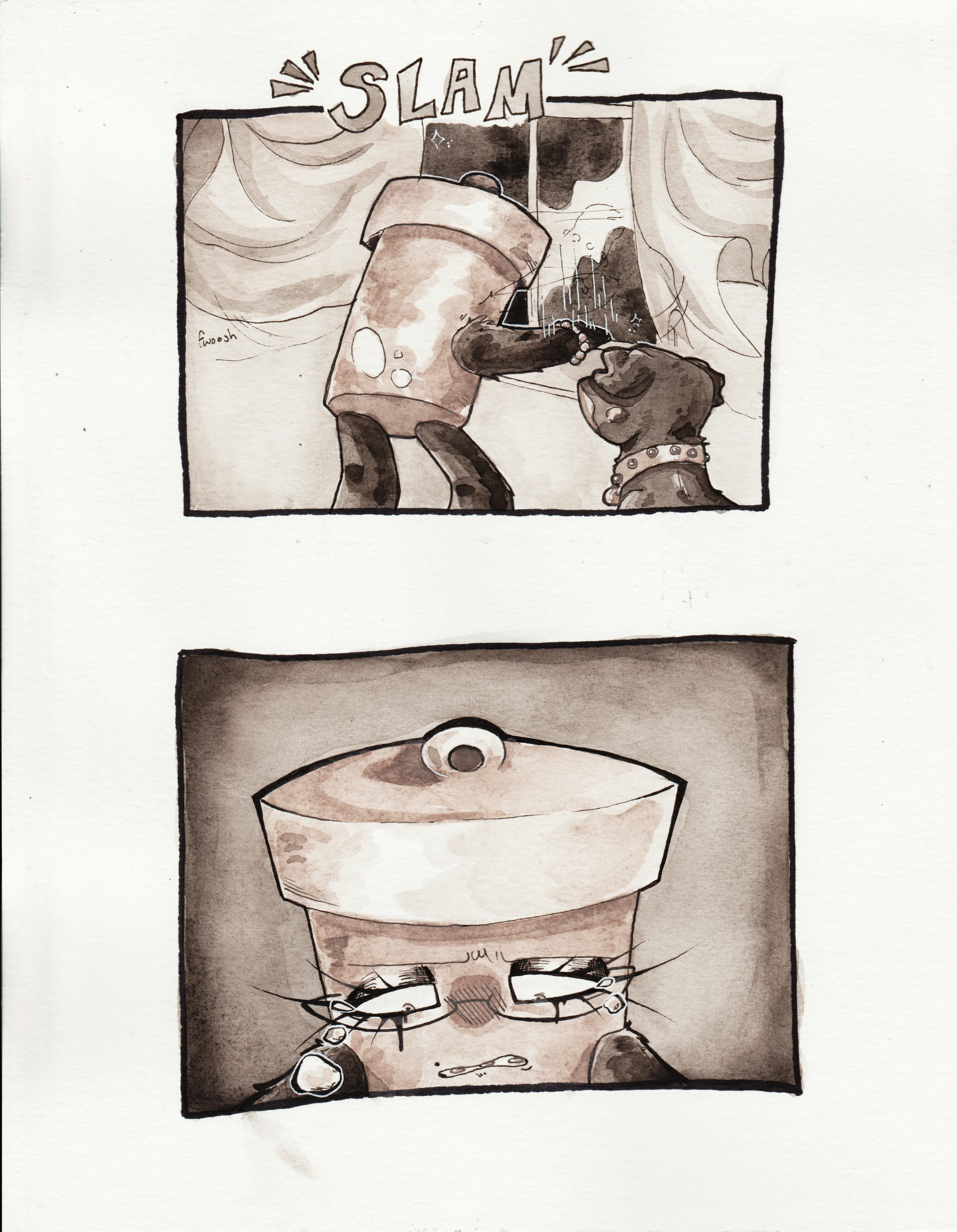 Page sixty five. Panel one, Glowy slams the door shut, her fur ruffled with anger, the curtains flying upwards from the momentum. Precious watches. Panel two, Glowy furrows her brow and starts crying. Her tears fall downwards towards the floor. The perspective of the scene makes it seem as though she's crying onto the reader themselves.