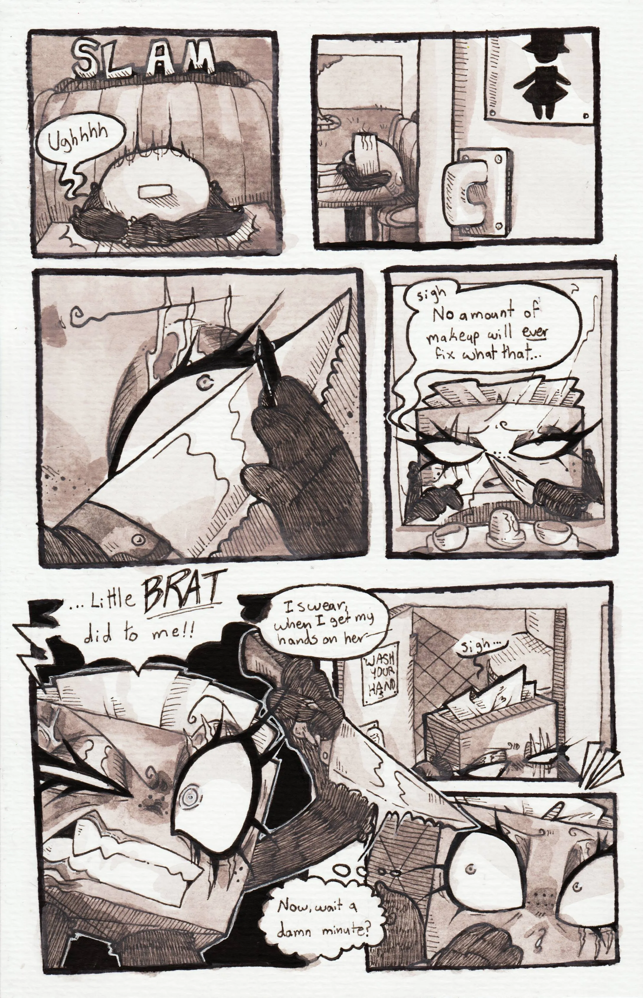Page sixty-seven. Panel one, Glowy groans and slams her head on the table. Panel two, the camera zoomes out to show the door of the womens' restroom not to far from where Glowy is sitting. Panel three, it zooms in on Tissue Box's eye, scarred from Controller attacking her days ago, as she applies eyeliner using her knife as a guideline. Panel four, Tissue Box looks at her reflection in the mirror, sighs, and complains, 'No amount of makeup will ever fix what that...' Panel five, she continues with an insane, furious expression as she raises the knife out of habit, '...Little brat did to me!! I swear, when I get my hands on her...' Panel six, TB exist the bathroom while sighing. Panel seven, TB notices something across the cafe and raises an eyebrow, thinking, 'Now, wait a damn minute?'