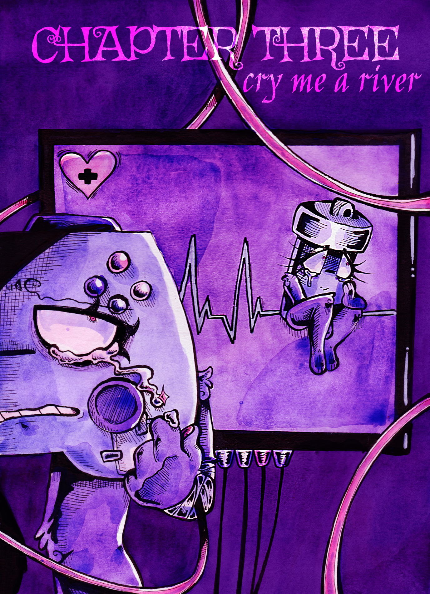 Chapter three. Controller stands in front of an EKG monitor crying. Glowy is sitting on the screen of the monitor as it flatlines. A tube of blood connected to Controller's wrist frames the rest of the piece.